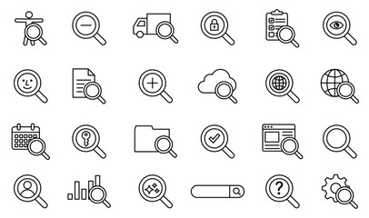 検索、リサーチに関する編集可能な線画アイコンセット 検査 監視 分析