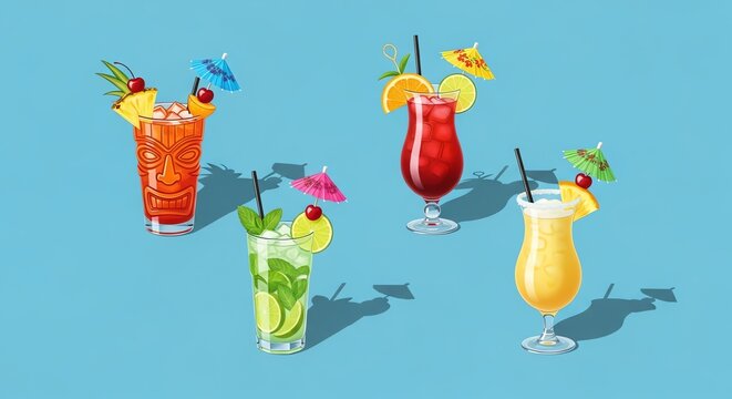 A colorful digital illustration collection of four different tropical summer cocktails with fruit garnishes, perfect for a bar menu or party