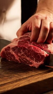 Butcher Skillfully Cuts Raw Chuck Eye Roll Beef Steak on Wooden Board with Large Knife Under Warm Studio Lighting and Dark Backdrop for Culinary Preparation around Gastronomy