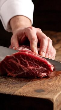 Butcher Slicing Raw Beef on Wooden Cutting Board with Silver Knife Close Up Overhead Shot in Kitchen with Dark Backdrop Preparing Gourmet Meal Fresh Ingredients at Steakhouse 198 Characters