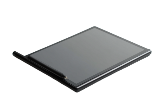 Modern digital graphic tablet with stylus pen, isolated on transparent background