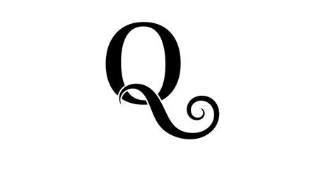 Elegant black letter Q with decorative flourish on white background suitable for design projects