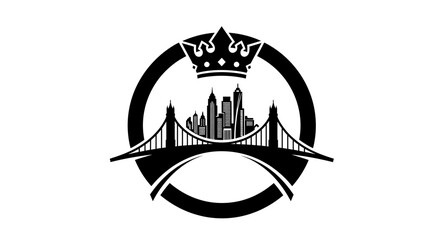 Elegant black and white logo featuring a crown, bridge, and cityscape within a circle design