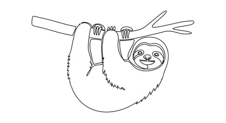 Elegant and Minimalist Single Line Drawing of a Sloth Hanging from a Tree Branch