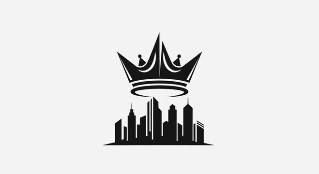 Elegant black and white emblem showcasing a crown atop a city skyline icon