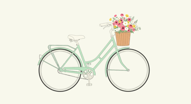 Elegant bicycle illustration with a floral basket conveying charm and sophistication