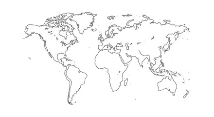Detailed world map outline isolated on white background showing all continents