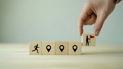 Motivational goal setting image displaying runner icon route markers and final destination block representing strategic planning progress tracking and successful accomplishment today.