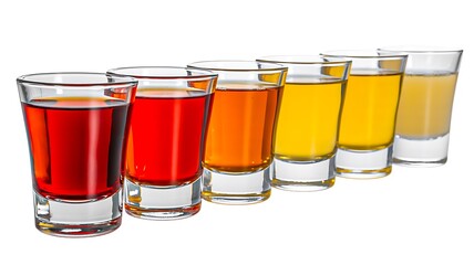 Assorted colorful juice shots arranged in row on white background
