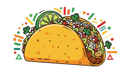 Delicious Cartoon Taco with Vibrant Toppings and Decorative Confetti Background Illustration