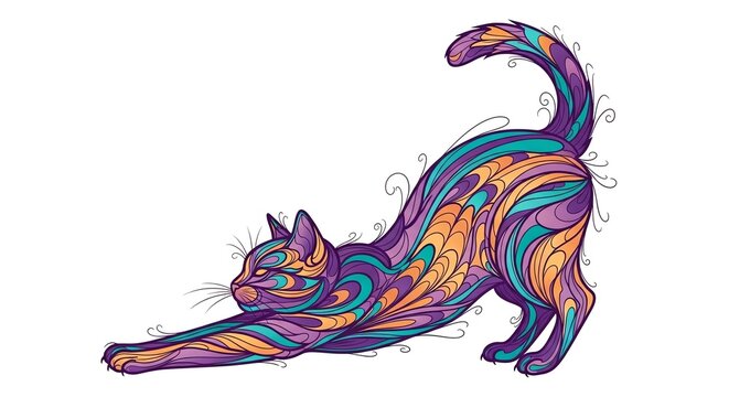 A graceful ornamental feline in a deep stretching pose, featuring vibrant purple and teal psychedelic doodle patterns on its body