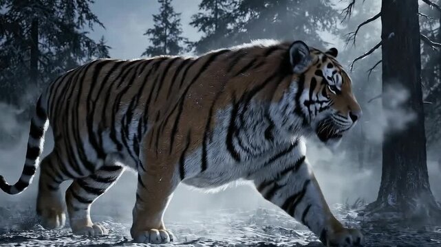 Majestic Siberian Tiger Prowling Through Cold Winter Forest Snow Fog