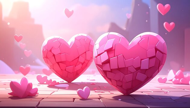 Two large pink hearts with a fragmented texture sit on a brick surface, surrounded by floating hearts and a blurred background - Powered by Adobe