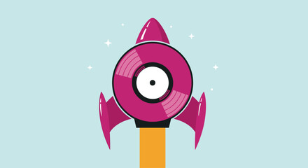 Creative Rocket Illustration with Record for Music Industry and Space Concepts