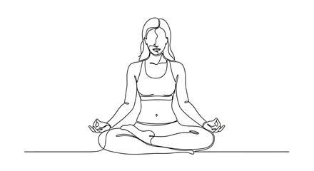 Continuous line drawing of woman in lotus position meditating for wellness and calm