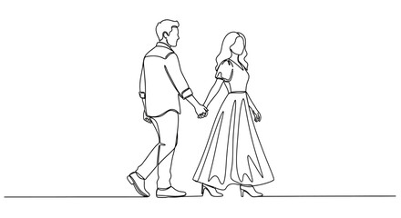 Continuous line drawing of romantic couple walking hand in hand expressing love and affection