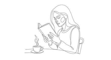 Continuous line art illustration of a woman reading a book with coffee present minimal style
