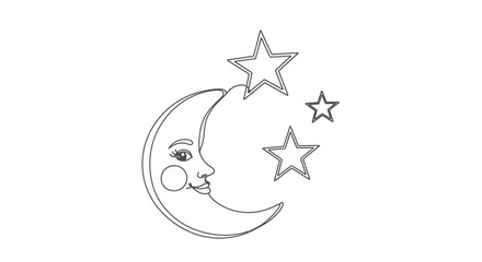 Charming crescent moon with a face surrounded by twinkling stars illustration line art