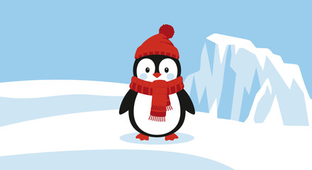 Cartoon penguin with hat and scarf in a winter landscape illustration scene