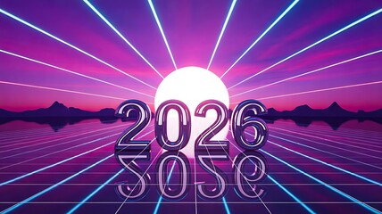 Futuristic 2026 neon sunset design with retro glowing grid background
