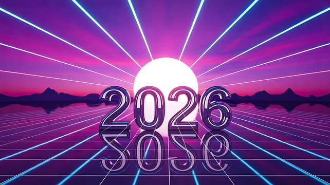 Futuristic 2026 neon sunset design with retro glowing grid background
