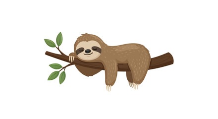 Naklejka premium Adorable cartoon sloth taking a nap on a tree branch with green leaves illustration