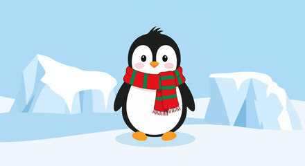 Adorable cartoon penguin with a festive scarf stands in an icy landscape illustration