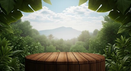 Wooden podium with jungle background for product presentation