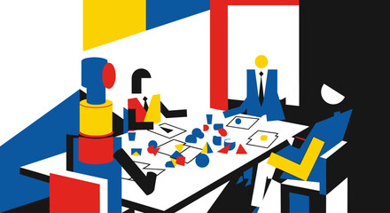 Abstract illustration of a business meeting with geometric shapes and vibrant colors representing