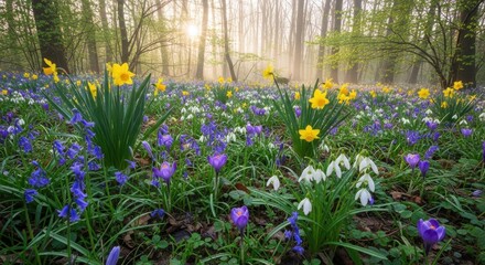 Enchanting woodland tapestry with a diverse array of spring blooms, illuminated by sunlight