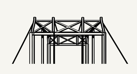 Abstract graphic illustration of a symmetrical suspension bridge structure with lines and