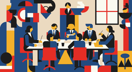 Abstract geometric illustration depicting a business meeting around a conference table
