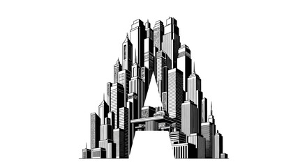 Abstract cityscape forming letter A with high-rise buildings and monochrome illustration style