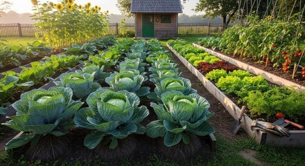 Abundant vegetable garden with thriving crops on a small farm at golden hour sunlight