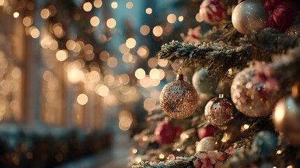 Festive new year 2026 celebration with shimmering ornaments and glowing bokeh lights amidst a decorated christmas tree