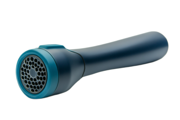 Modern blue personal massager device angled upwards on a transparent background