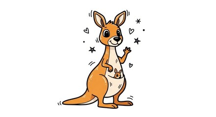 Delightful cartoon kangaroo with joey offering a friendly wave amidst magical sparkle