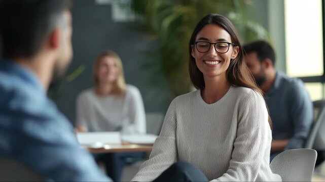 Smiling woman interacts with colleagues during a casual meeting in a bright office space - Powered by Adobe