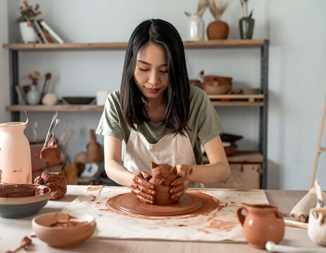 An Asian woman, wearing an apron, focuses intently while shaping clay on a pottery wheel within a studio. Wooden shelving & clay pots are in the background - Powered by Adobe