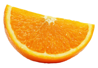 Single fresh orange slice wedge showing juicy pulp, isolated on transparent background