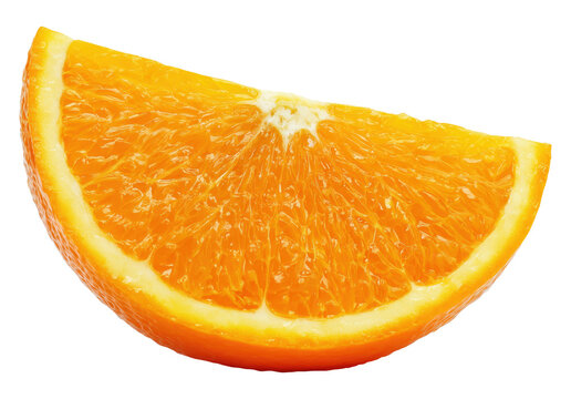 Single fresh orange slice wedge showing juicy pulp, isolated on transparent background