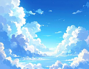 Anime-style illustration of a bright blue sky filled with fluffy clouds