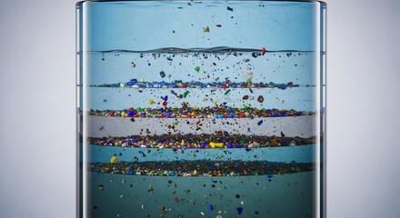 A cylindrical glass container is filled with water and colorful layered solid particles