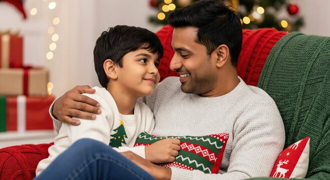 Happy Indian father and son smiling, embracing on a cozy couch during Christmas holidays, surrounded by festive decorations and gifts.