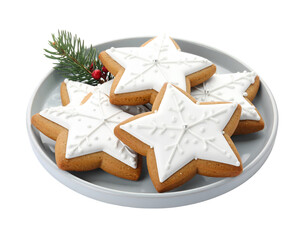 Tasty star shaped Christmas cookies with icing on plate isolated on transparent png