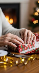 Festive preparation: Woman wrapping a gift with a warm fireplace backdrop creating a cozy
