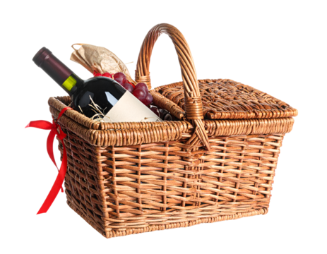 Wicker gift basket with wine isolated on transparent png