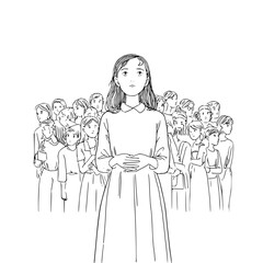 Line art drawing of a young woman standing out from a crowd of people, depicting strength and unity, isolated on