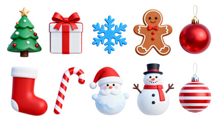 Set of 3D Christmas Icons and Decorations Isolated on Transparent