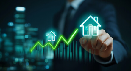 Businessman Touching Digital House Icon with Rising Green Graph and Bar Chart Overlay on Cityscape Background